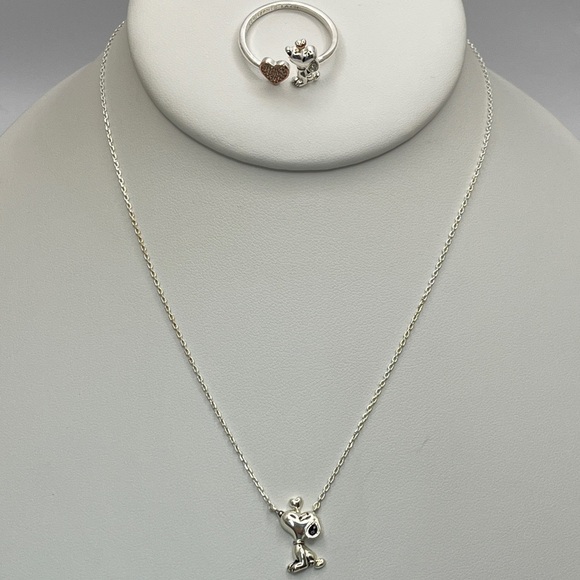 Elegant Silver Plated Necklace & Ring Set Snoopy Gold Heart Charm Y2K cute - Picture 1 of 11